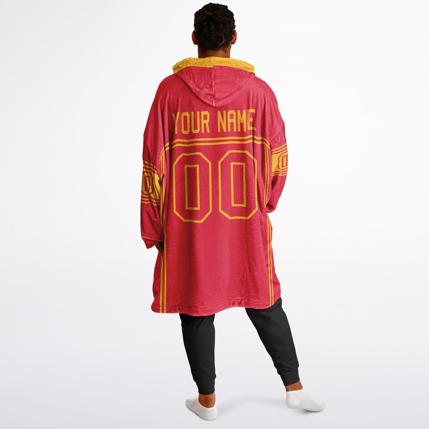 Red and gold lineup snug hoodie featuring sleek line-art details and minimalist team-inspired design.