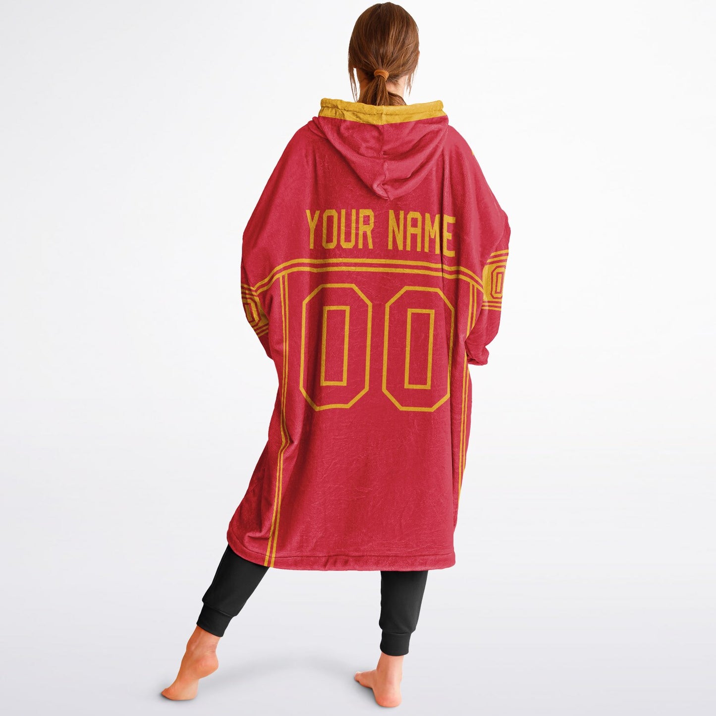 Red and gold lineup snug hoodie featuring sleek line-art details and minimalist team-inspired design.