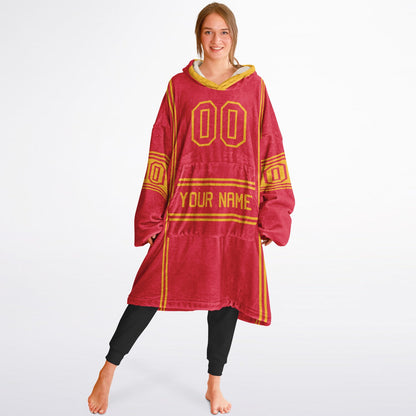 Red and gold lineup snug hoodie featuring sleek line-art details and minimalist team-inspired design.