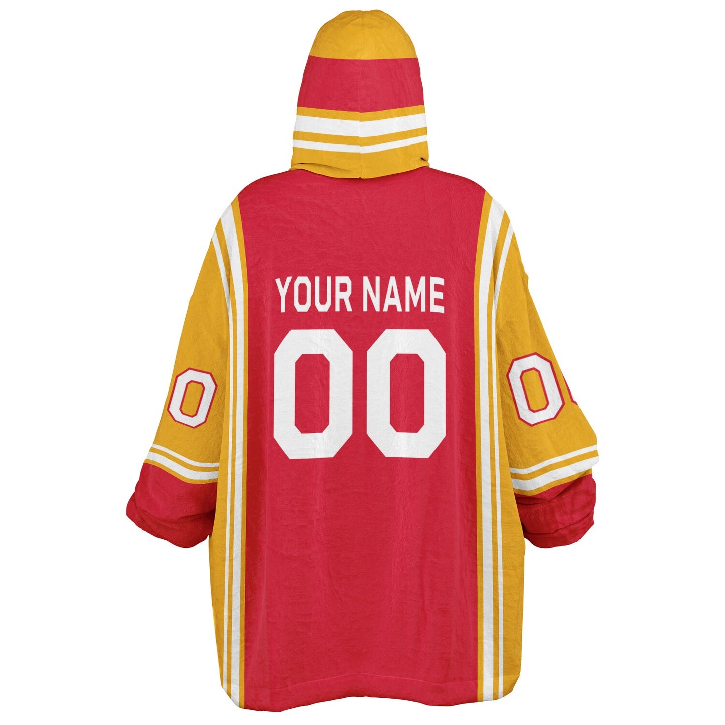 Red, gold, and white bold snug hoodie with triple color blocking and a sporty aesthetic.