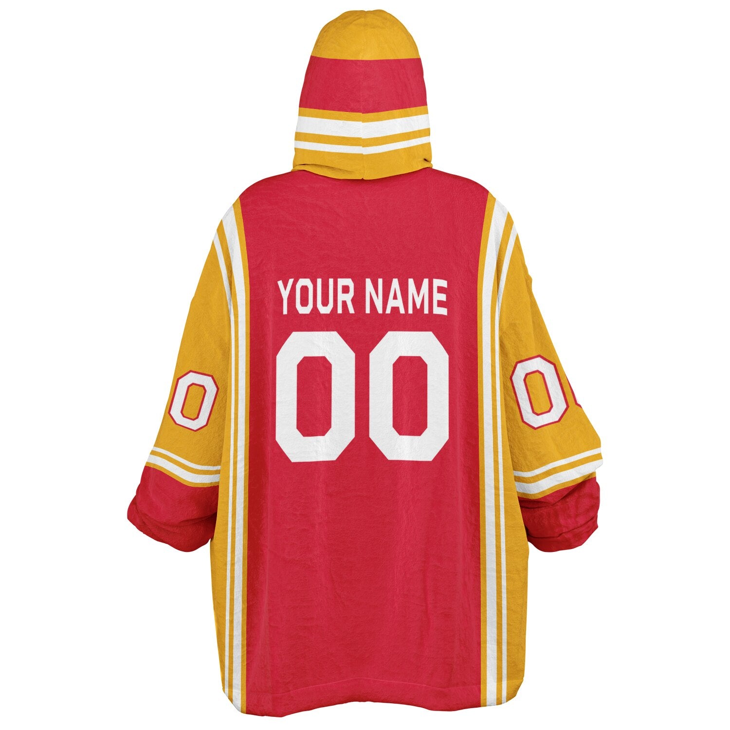 Red, gold, and white bold snug hoodie with triple color blocking and a sporty aesthetic.