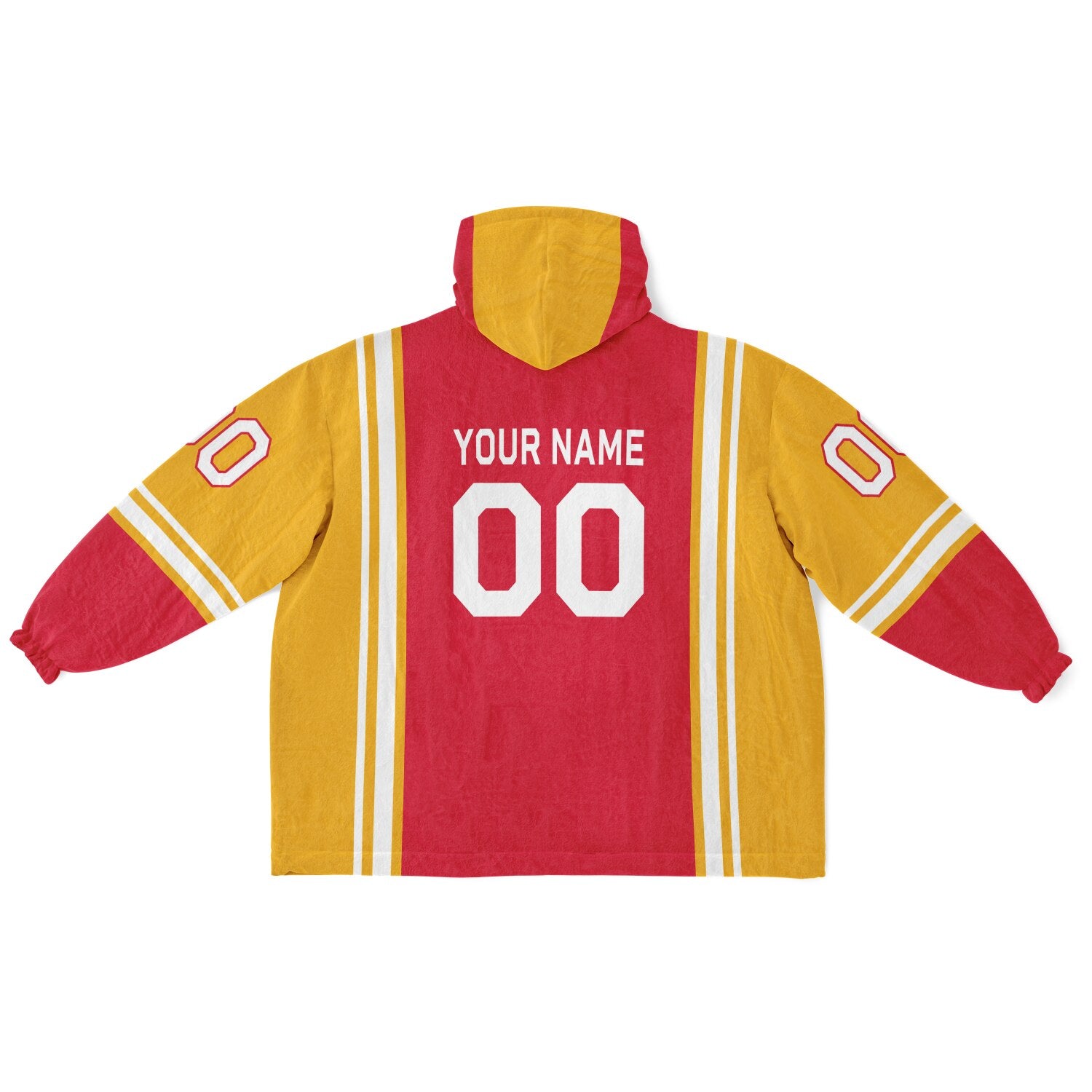 Red, gold, and white bold snug hoodie with triple color blocking and a sporty aesthetic.