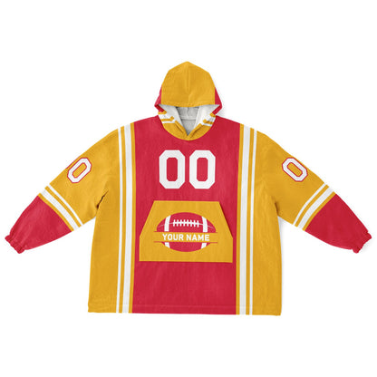Red, gold, and white bold snug hoodie with triple color blocking and a sporty aesthetic.