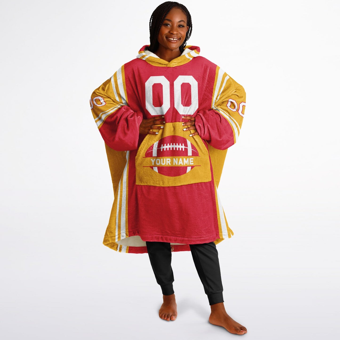 Red, gold, and white bold snug hoodie with triple color blocking and a sporty aesthetic.