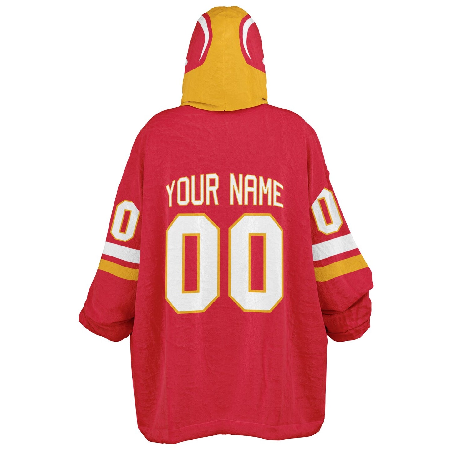 Red, gold, and white classic snug hoodie featuring authentic jersey striping and personalized number details.