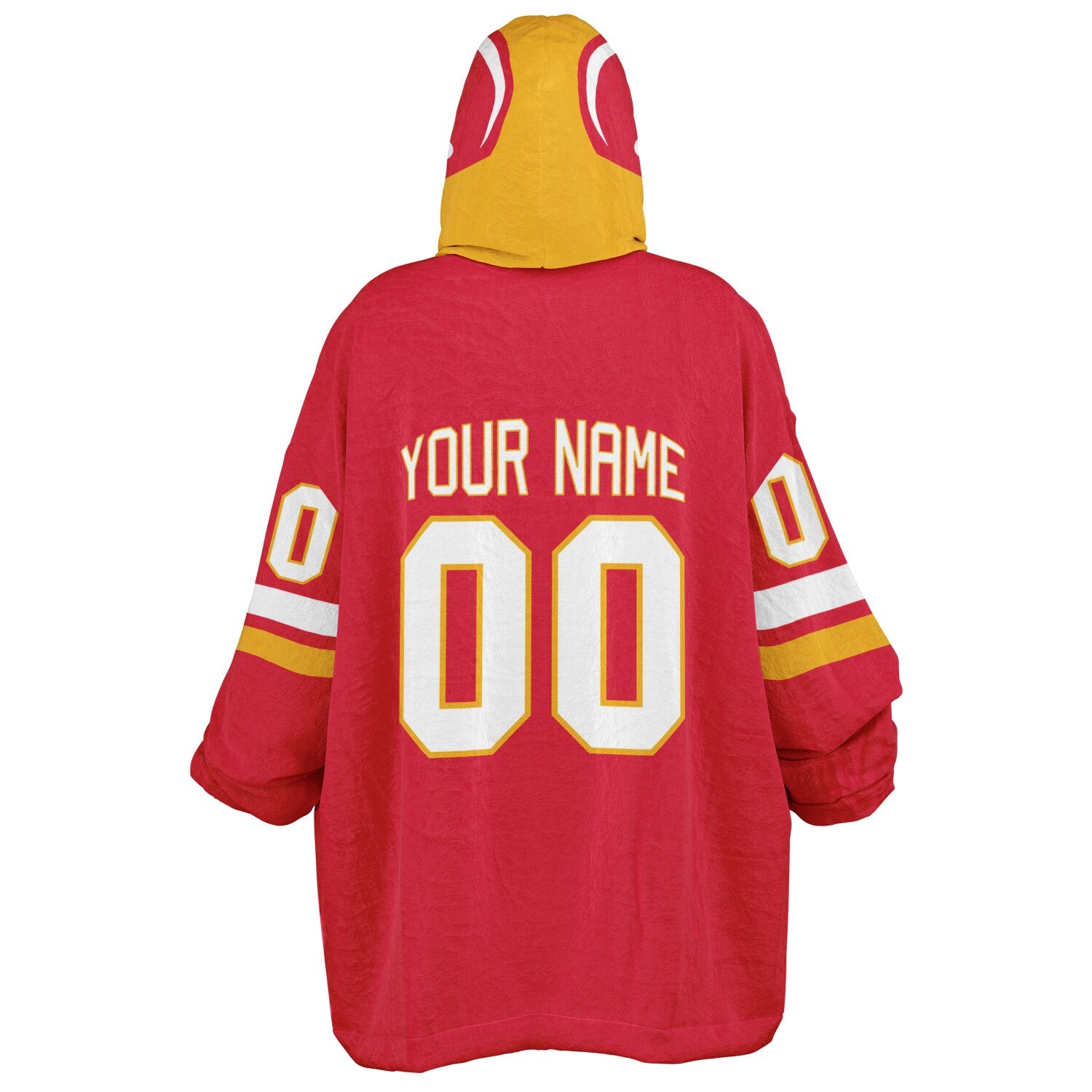 Red, gold, and white classic snug hoodie featuring authentic jersey striping and personalized number details.