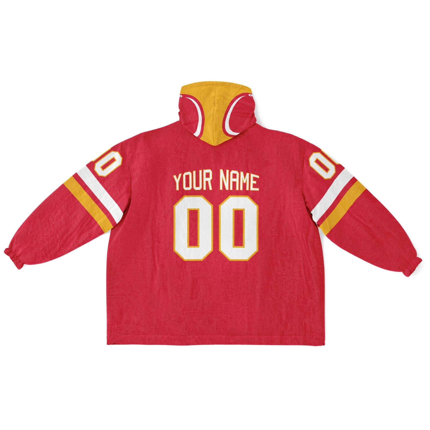 Red, gold, and white classic snug hoodie featuring authentic jersey striping and personalized number details.