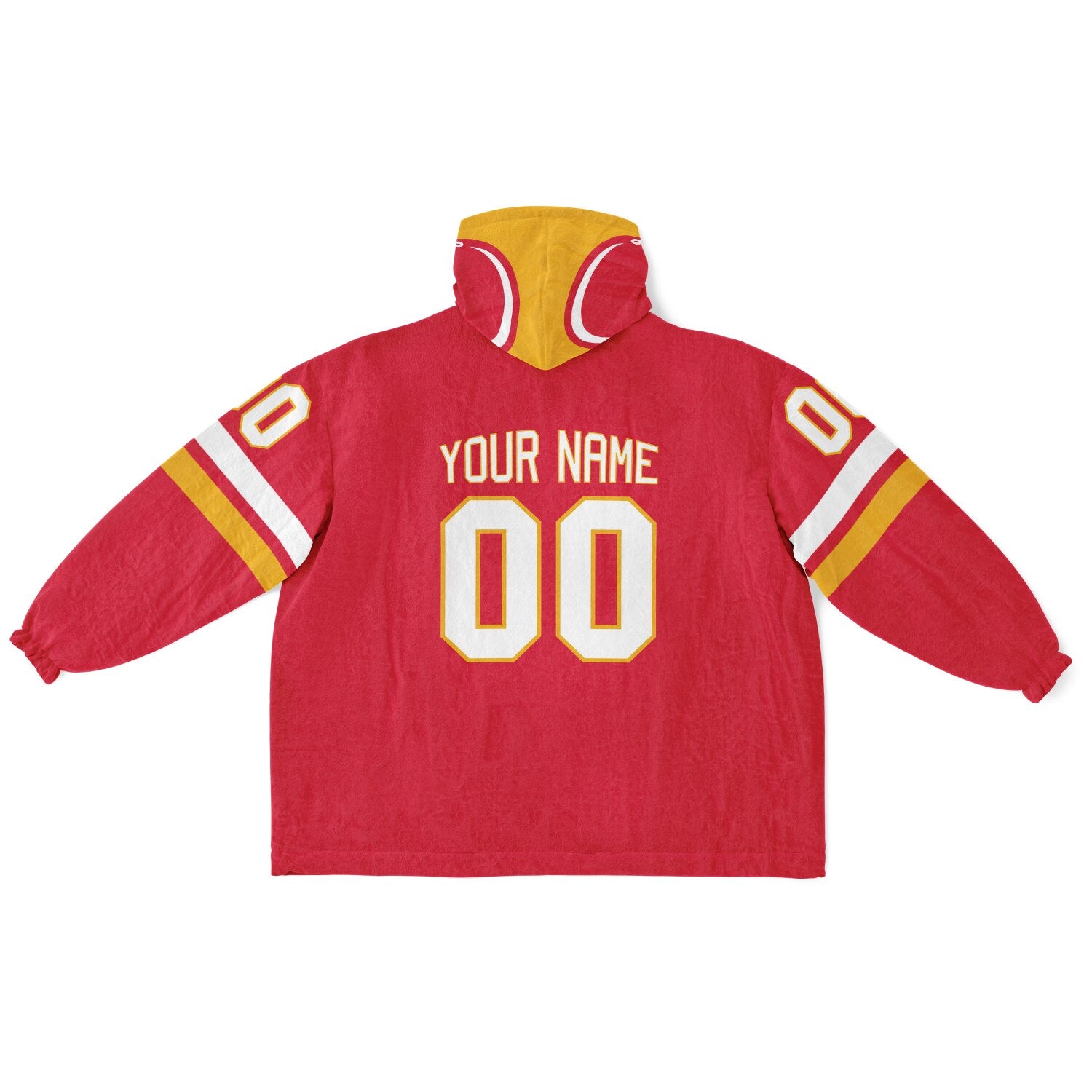 Red, gold, and white classic snug hoodie featuring authentic jersey striping and personalized number details.