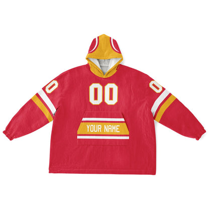 Red, gold, and white classic snug hoodie featuring authentic jersey striping and personalized number details.