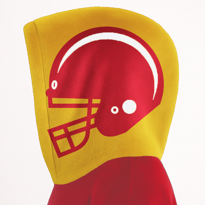 Red, gold, and white classic snug hoodie featuring authentic jersey striping and personalized number details.