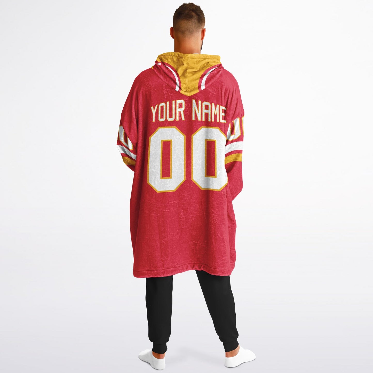 Red, gold, and white classic snug hoodie featuring authentic jersey striping and personalized number details.
