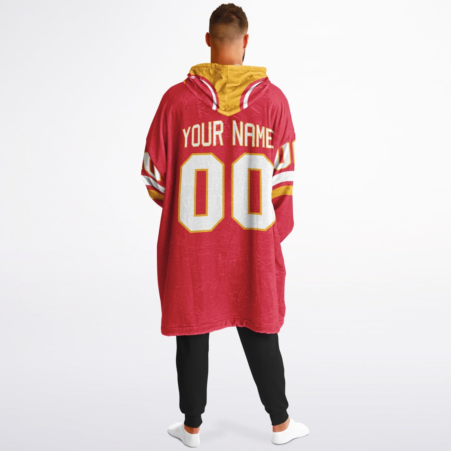 Red, gold, and white classic snug hoodie featuring authentic jersey striping and personalized number details.