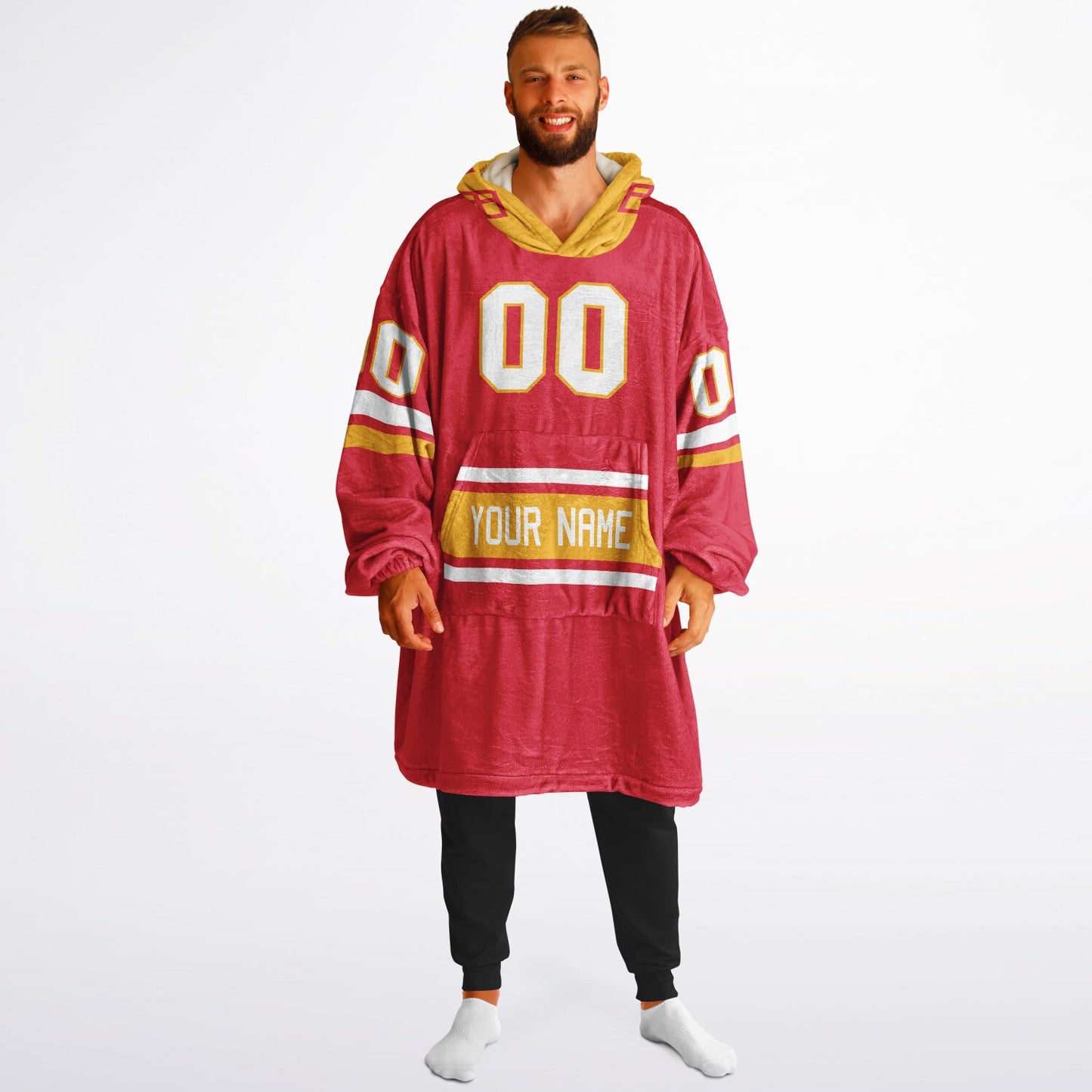 Red, gold, and white classic snug hoodie featuring authentic jersey striping and personalized number details.