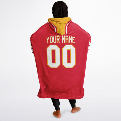 Red, gold, and white classic snug hoodie featuring authentic jersey striping and personalized number details.