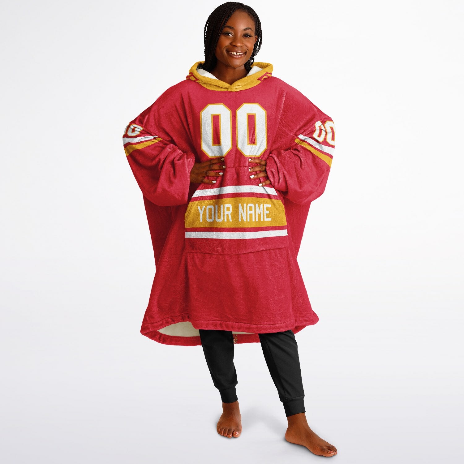Red, gold, and white classic snug hoodie featuring authentic jersey striping and personalized number details.