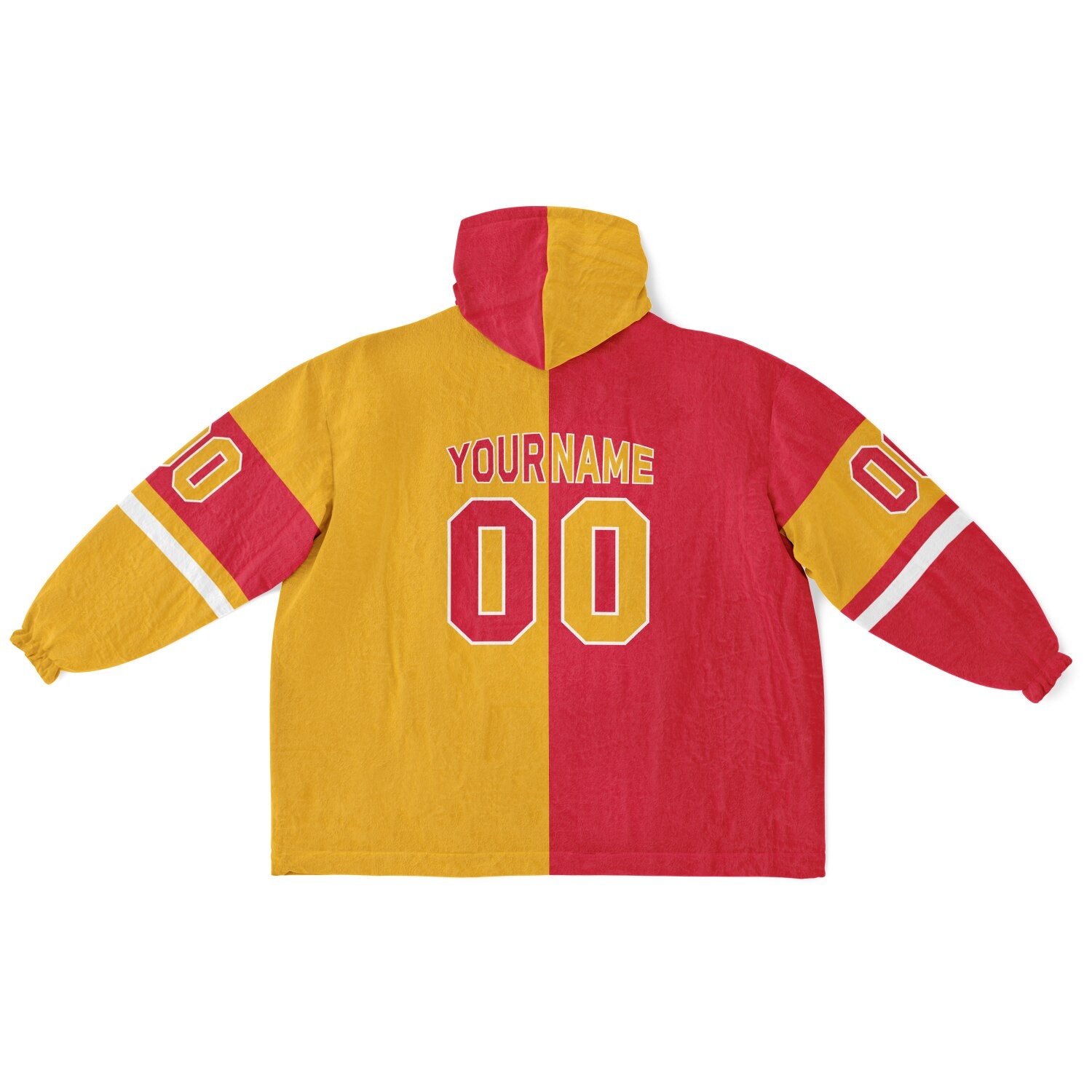 Red, gold, and white halftime snug hoodie with three-tone split design and cozy fleece texture.