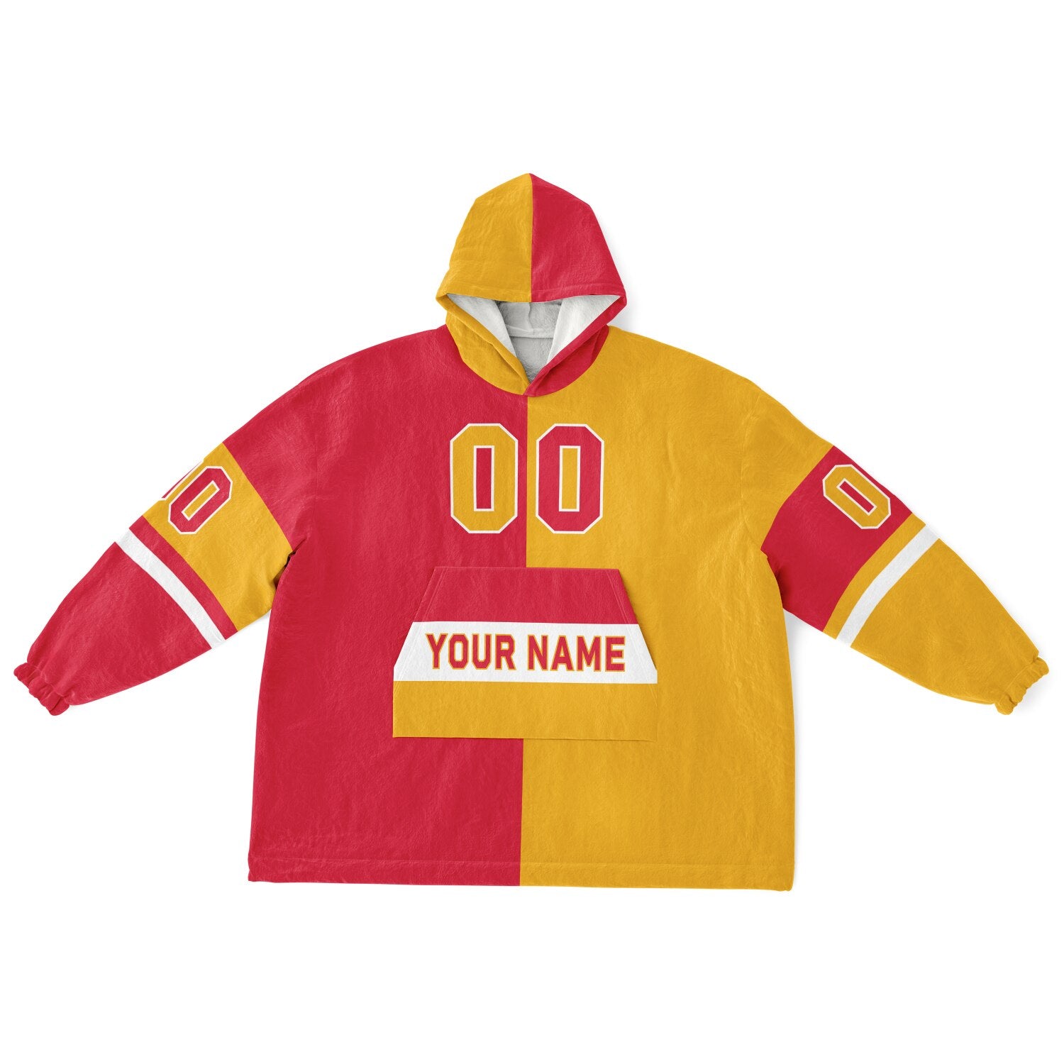 Red, gold, and white halftime snug hoodie with three-tone split design and cozy fleece texture.