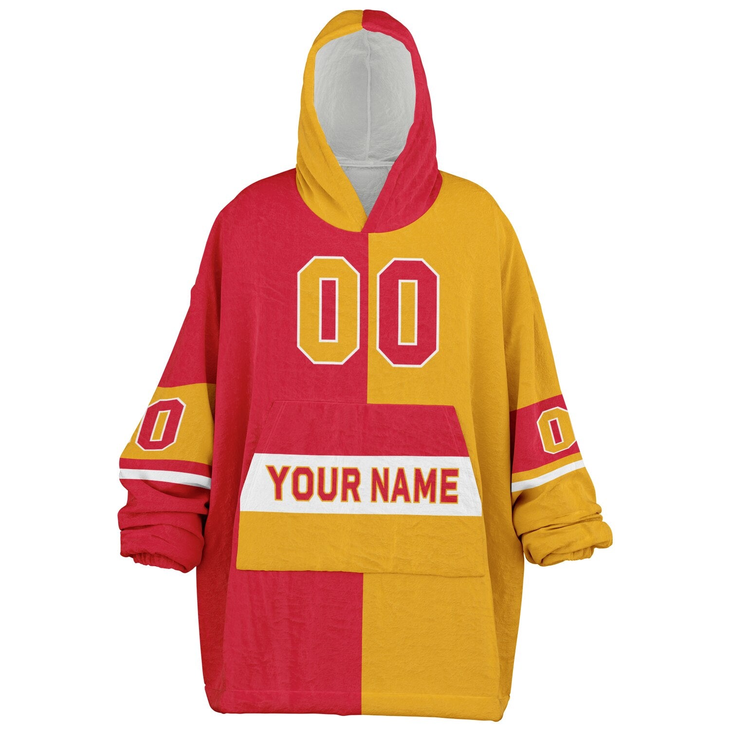 Red, gold, and white halftime snug hoodie with three-tone split design and cozy fleece texture.