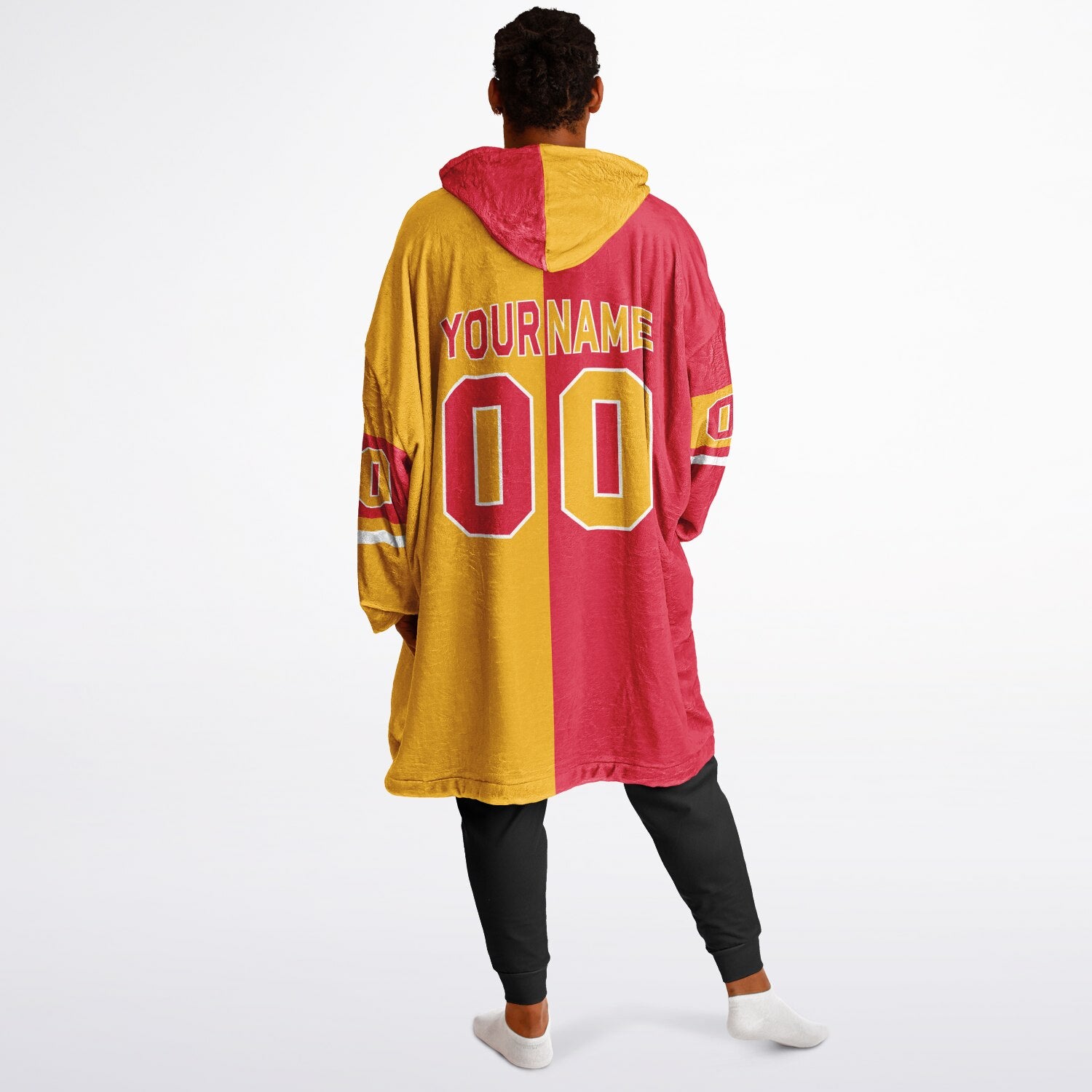 Red, gold, and white halftime snug hoodie with three-tone split design and cozy fleece texture.