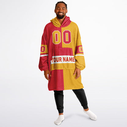 Red, gold, and white halftime snug hoodie with three-tone split design and cozy fleece texture.