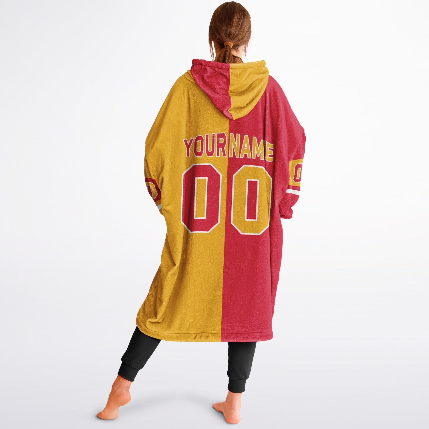 Red, gold, and white halftime snug hoodie with three-tone split design and cozy fleece texture.