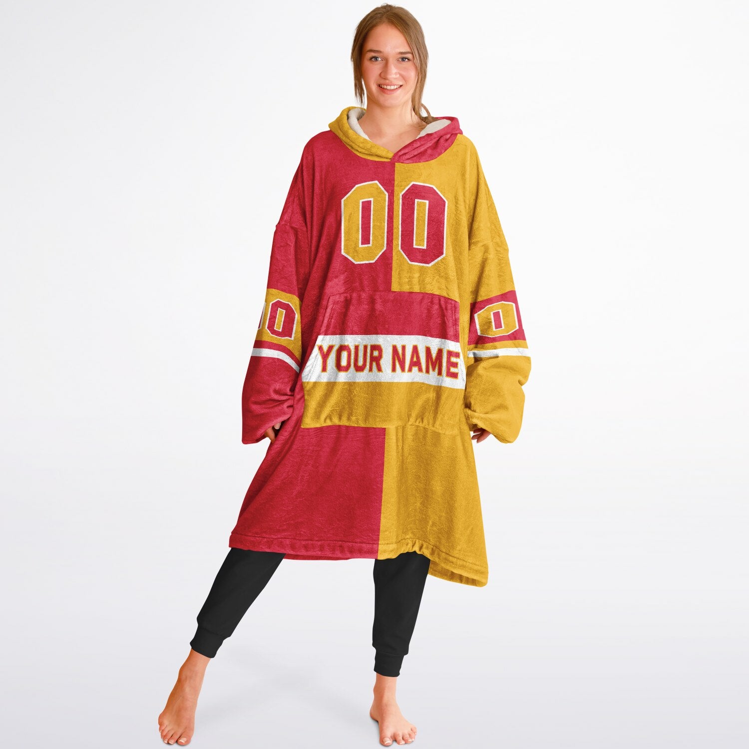 Red, gold, and white halftime snug hoodie with three-tone split design and cozy fleece texture.