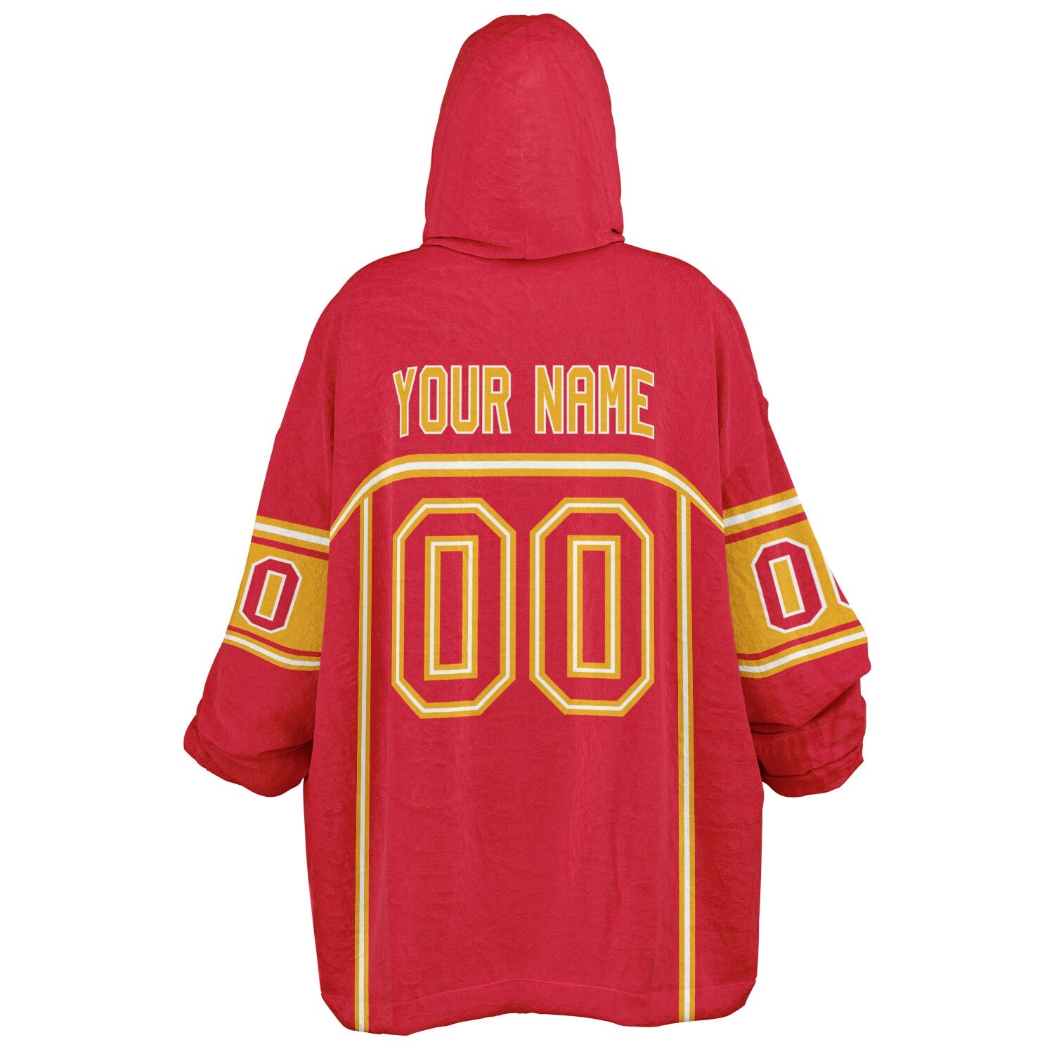 Red, gold, and white lineup snug hoodie with clean line work and subtle jersey influence.