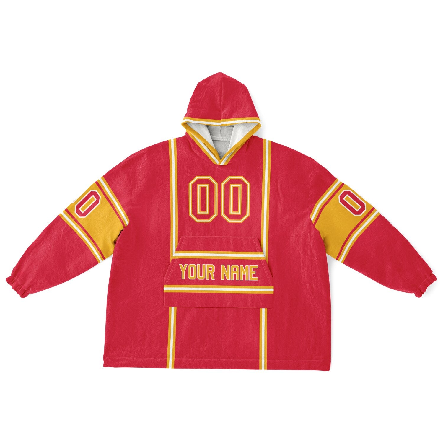 Red, gold, and white lineup snug hoodie with clean line work and subtle jersey influence.