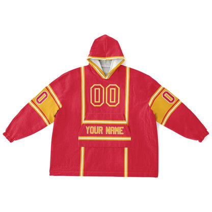 Red, gold, and white lineup snug hoodie with clean line work and subtle jersey influence.