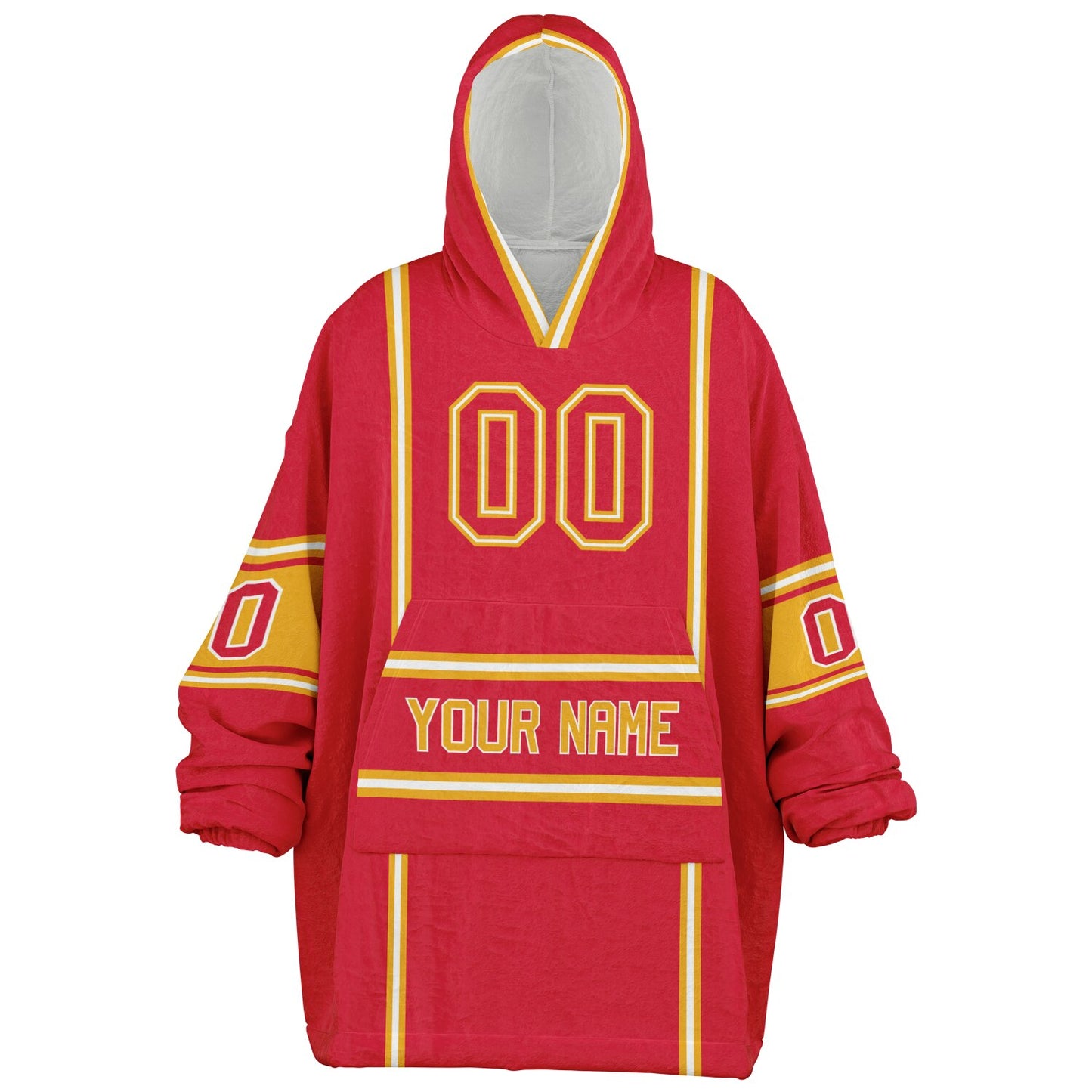 Red, gold, and white lineup snug hoodie with clean line work and subtle jersey influence.
