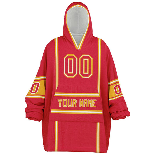 Red, gold, and white lineup snug hoodie with clean line work and subtle jersey influence.