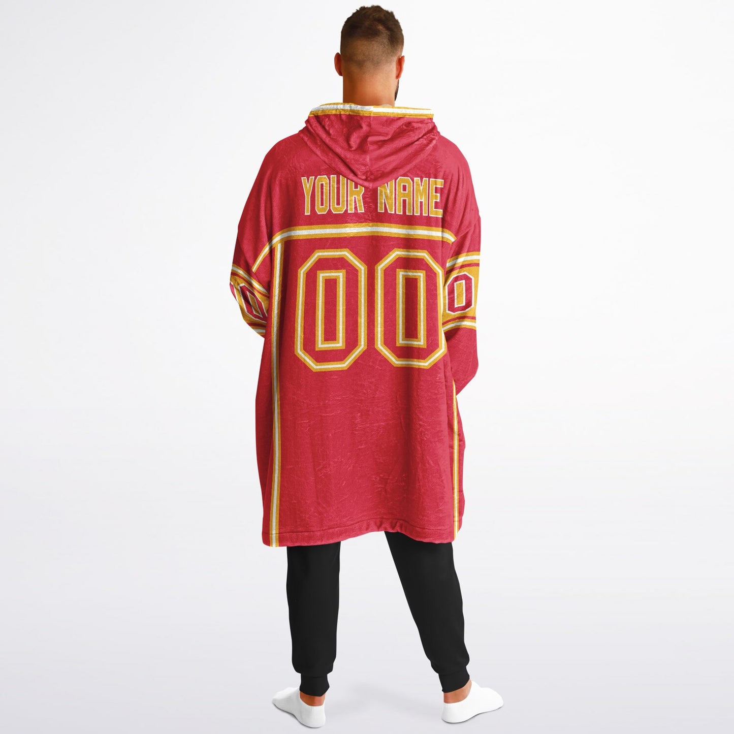 Red, gold, and white lineup snug hoodie with clean line work and subtle jersey influence.