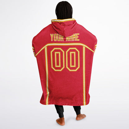 Red, gold, and white lineup snug hoodie with clean line work and subtle jersey influence.