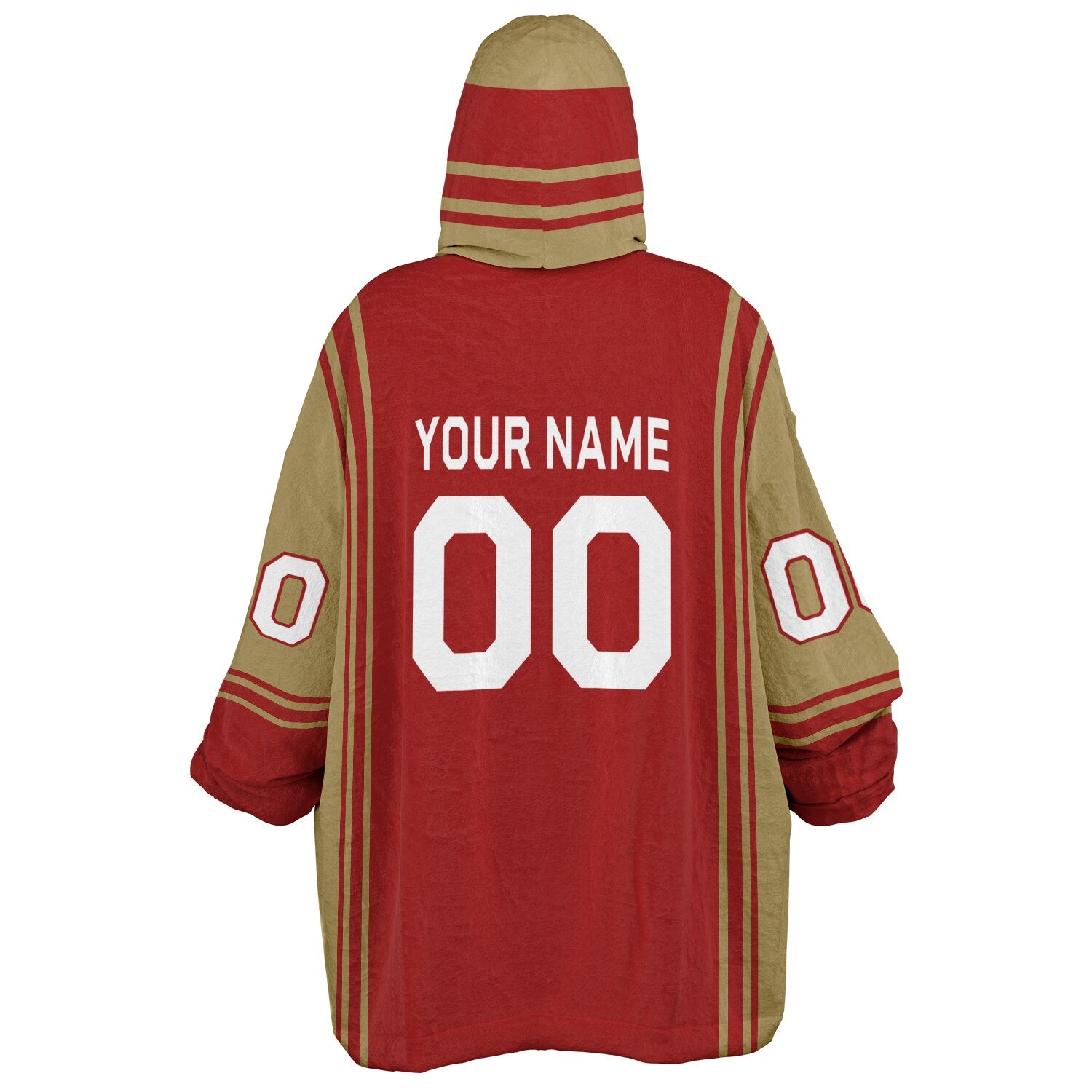 Red and metallic gold bold snug hoodie with modern color-block design and soft loungewear fit.
