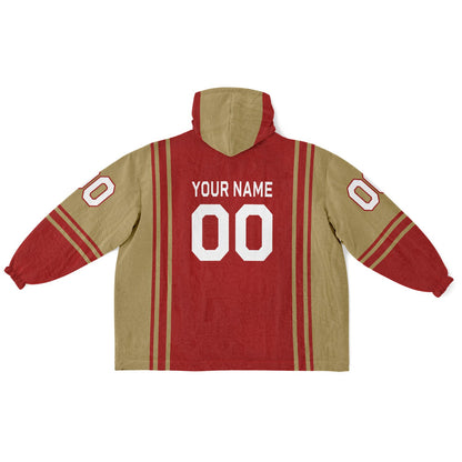 Red and metallic gold bold snug hoodie with modern color-block design and soft loungewear fit.