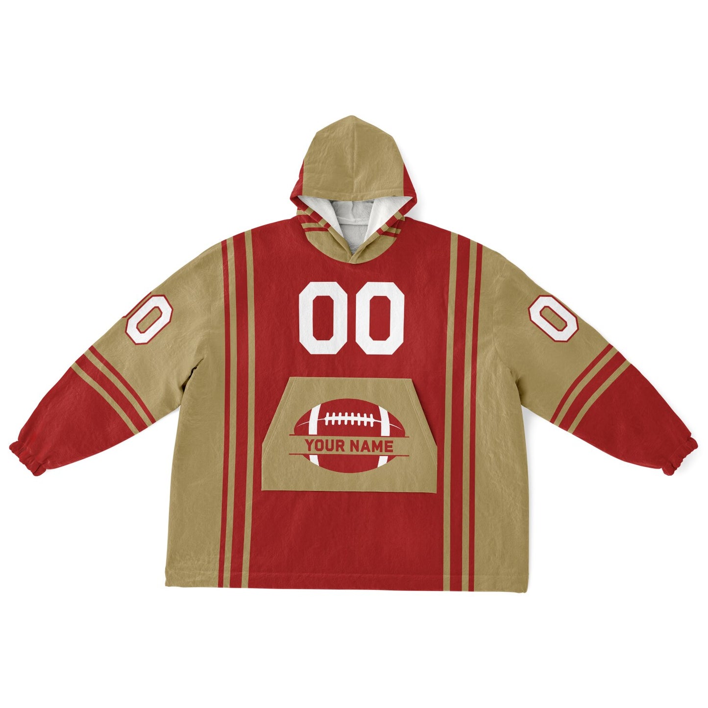 Red and metallic gold bold snug hoodie with modern color-block design and soft loungewear fit.