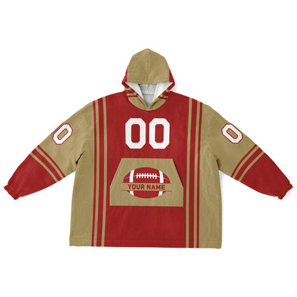 Red and metallic gold bold snug hoodie with modern color-block design and soft loungewear fit.