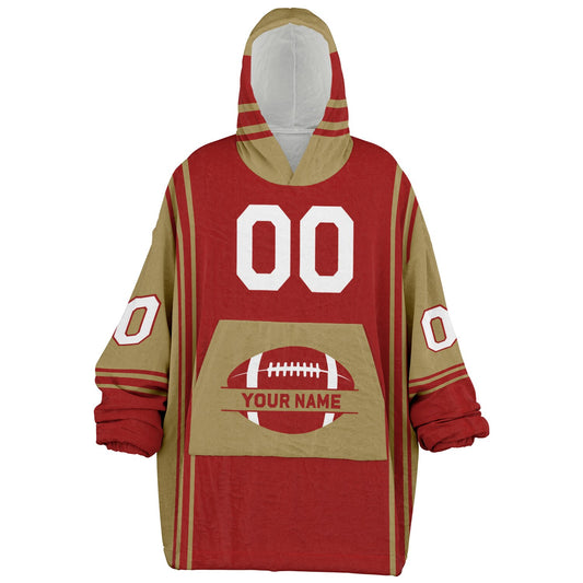 Red and metallic gold bold snug hoodie with modern color-block design and soft loungewear fit.