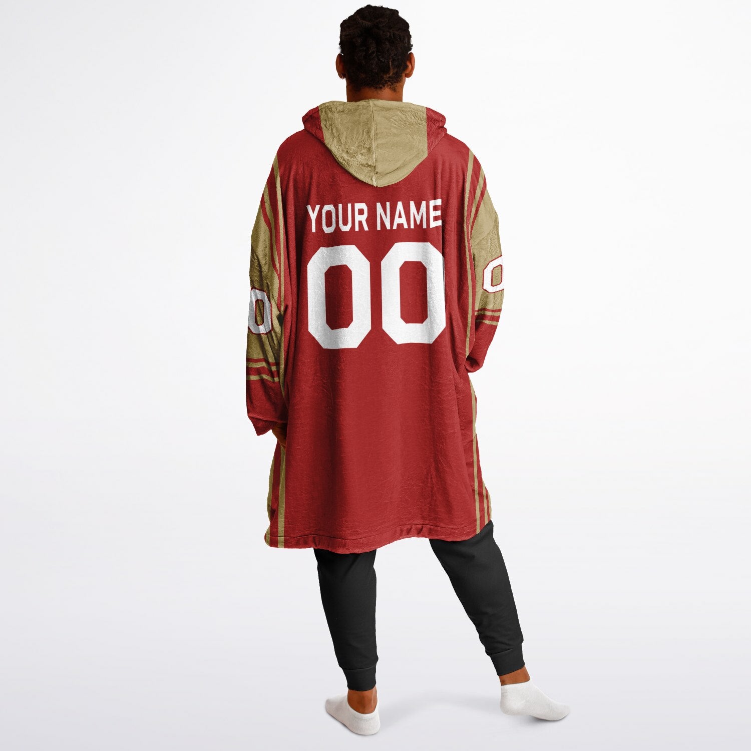 Red and metallic gold bold snug hoodie with modern color-block design and soft loungewear fit.