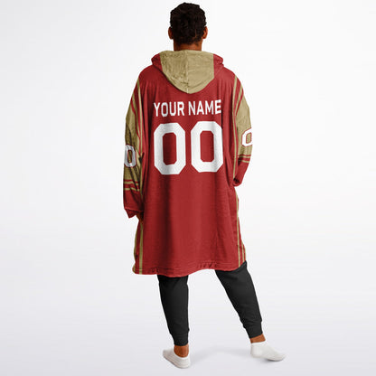 Red and metallic gold bold snug hoodie with modern color-block design and soft loungewear fit.