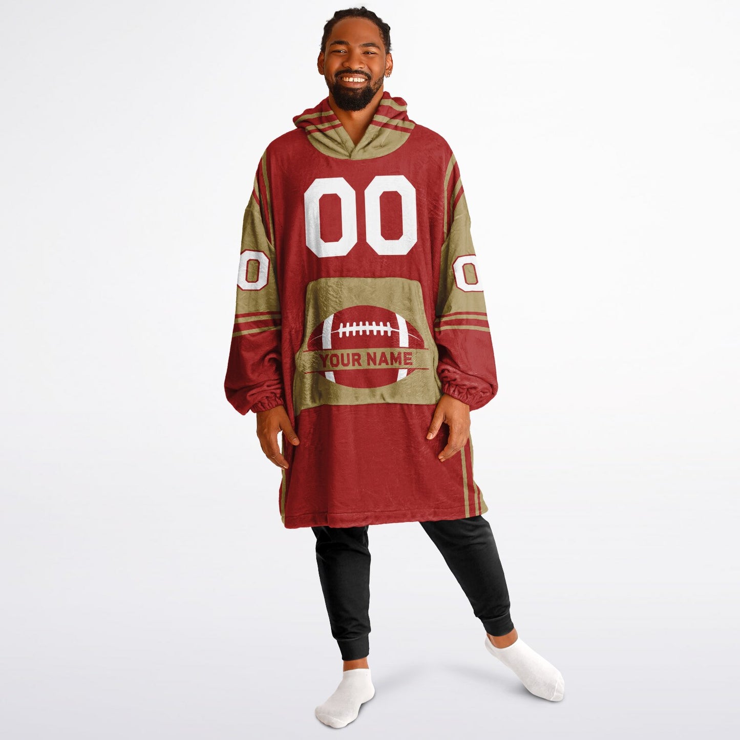 Red and metallic gold bold snug hoodie with modern color-block design and soft loungewear fit.
