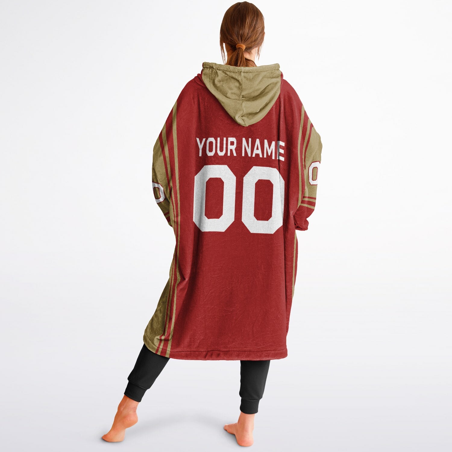 Red and metallic gold bold snug hoodie with modern color-block design and soft loungewear fit.