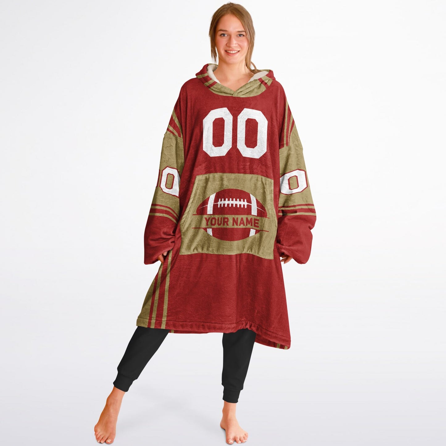 Red and metallic gold bold snug hoodie with modern color-block design and soft loungewear fit.