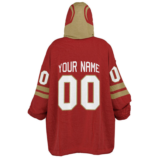 Red and metallic gold classic snug hoodie featuring jersey-style stripes and personalized name and number.