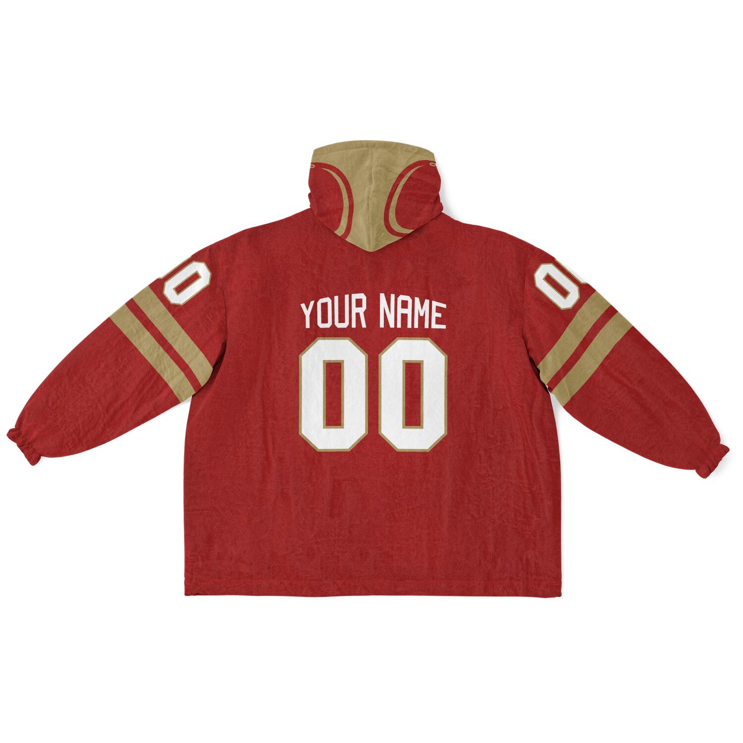 Red and metallic gold classic snug hoodie featuring jersey-style stripes and personalized name and number.