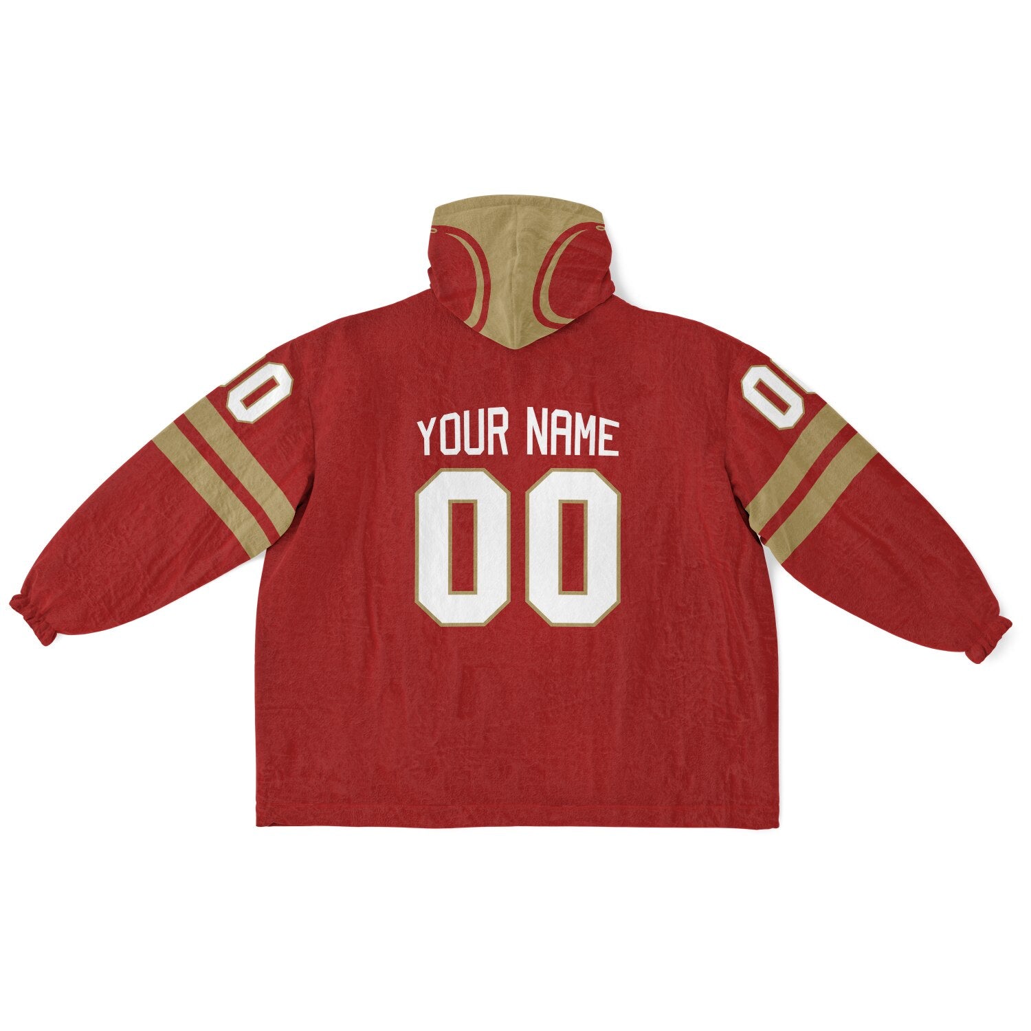 Red and metallic gold classic snug hoodie featuring jersey-style stripes and personalized name and number.