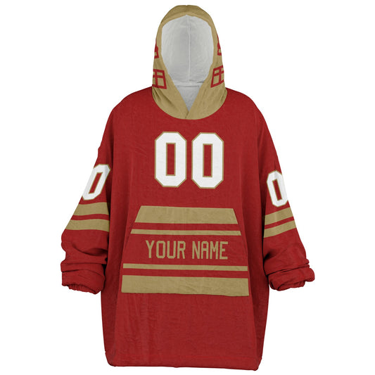 Red and metallic gold classic snug hoodie featuring jersey-style stripes and personalized name and number.
