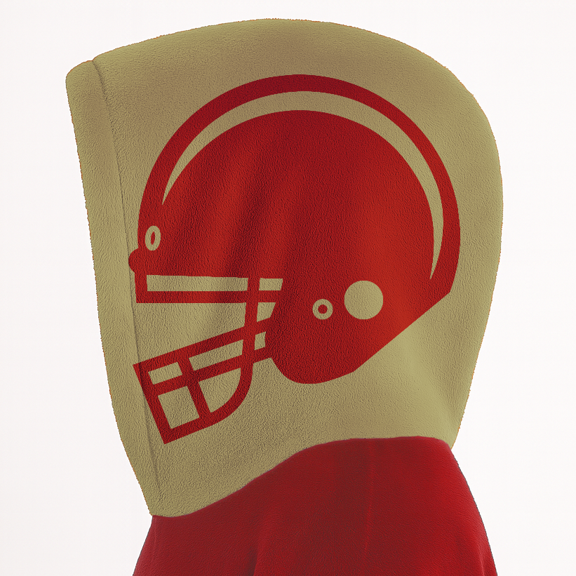 Red and metallic gold classic snug hoodie featuring jersey-style stripes and personalized name and number.