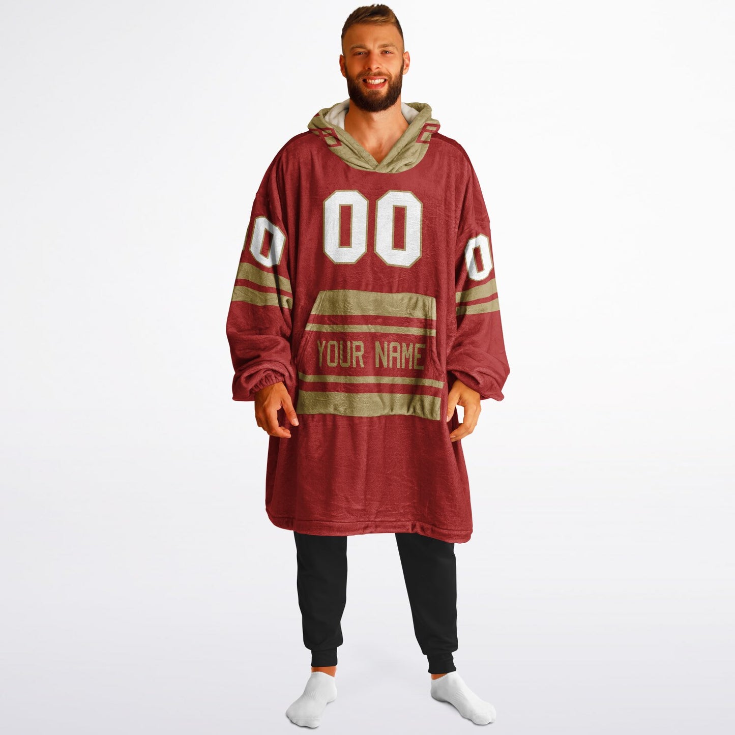 Red and metallic gold classic snug hoodie featuring jersey-style stripes and personalized name and number.