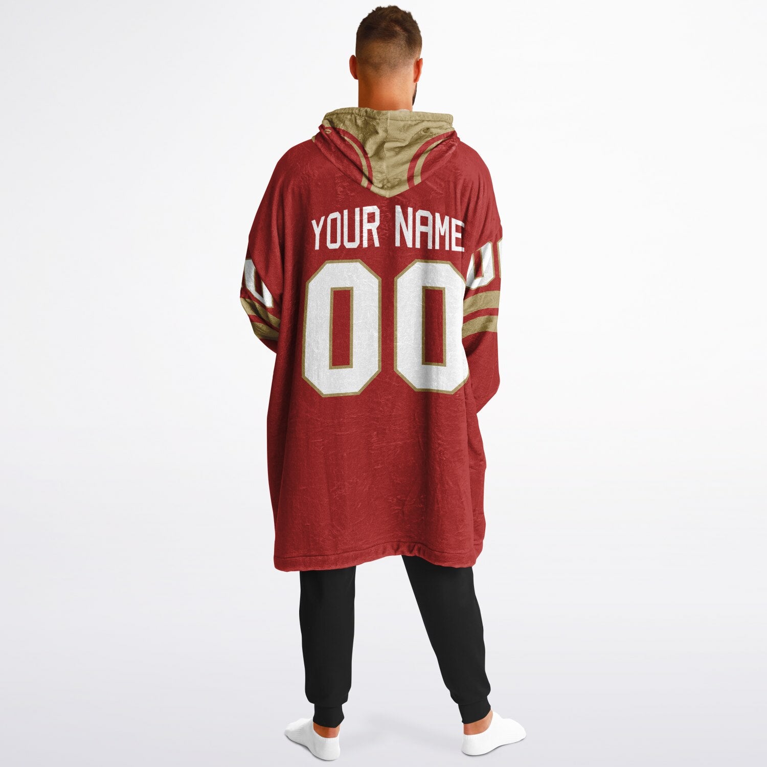 Red and metallic gold classic snug hoodie featuring jersey-style stripes and personalized name and number.